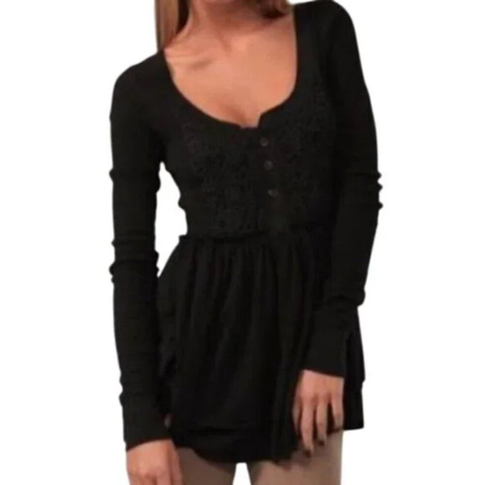 RARE Free People Black Babydoll Henley Waffle Thermal Top - Crochet detail - XS - Picture 4 of 8